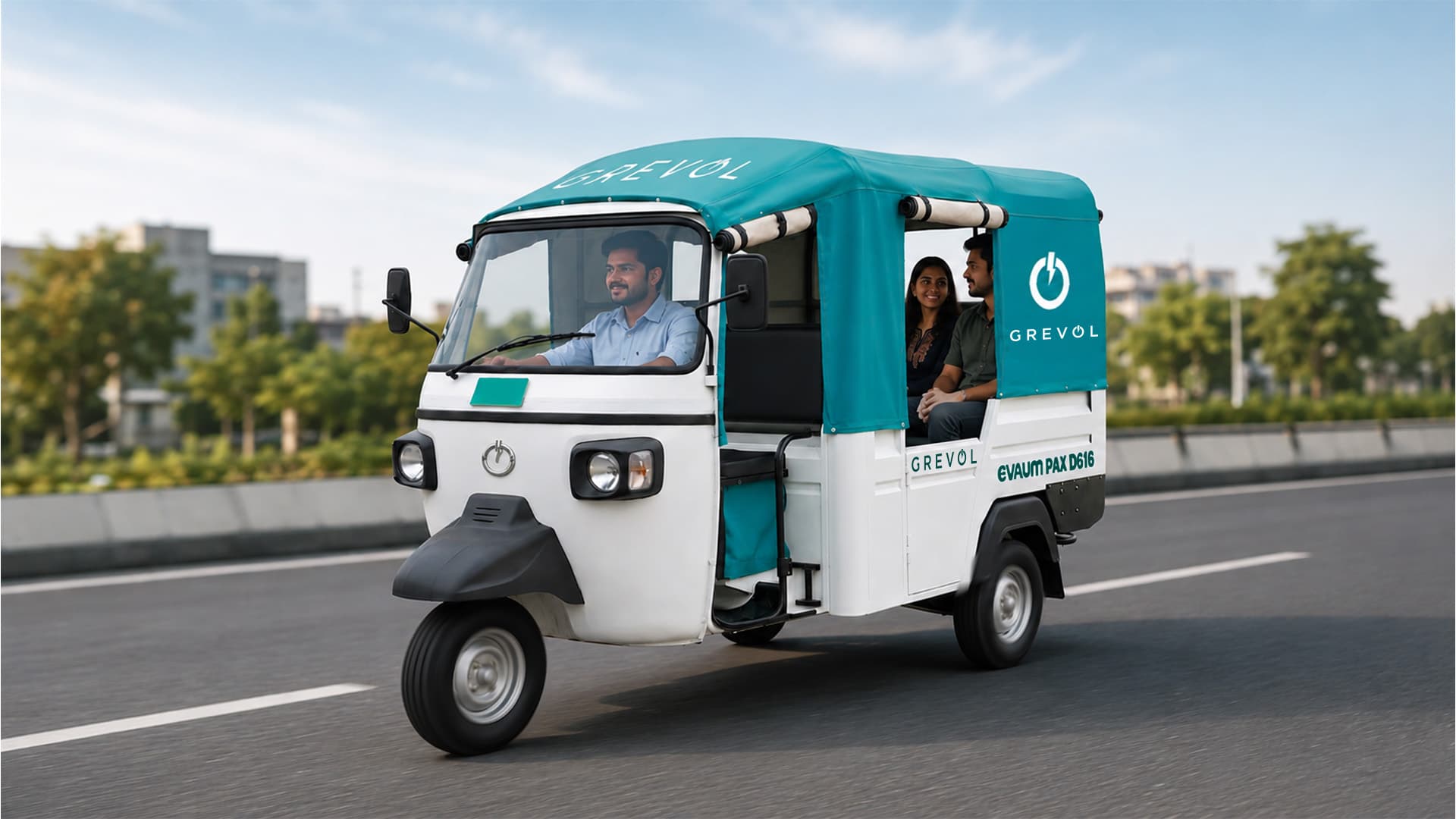 GREVOL EVAUM PAX passenger electric three-wheeler on the road