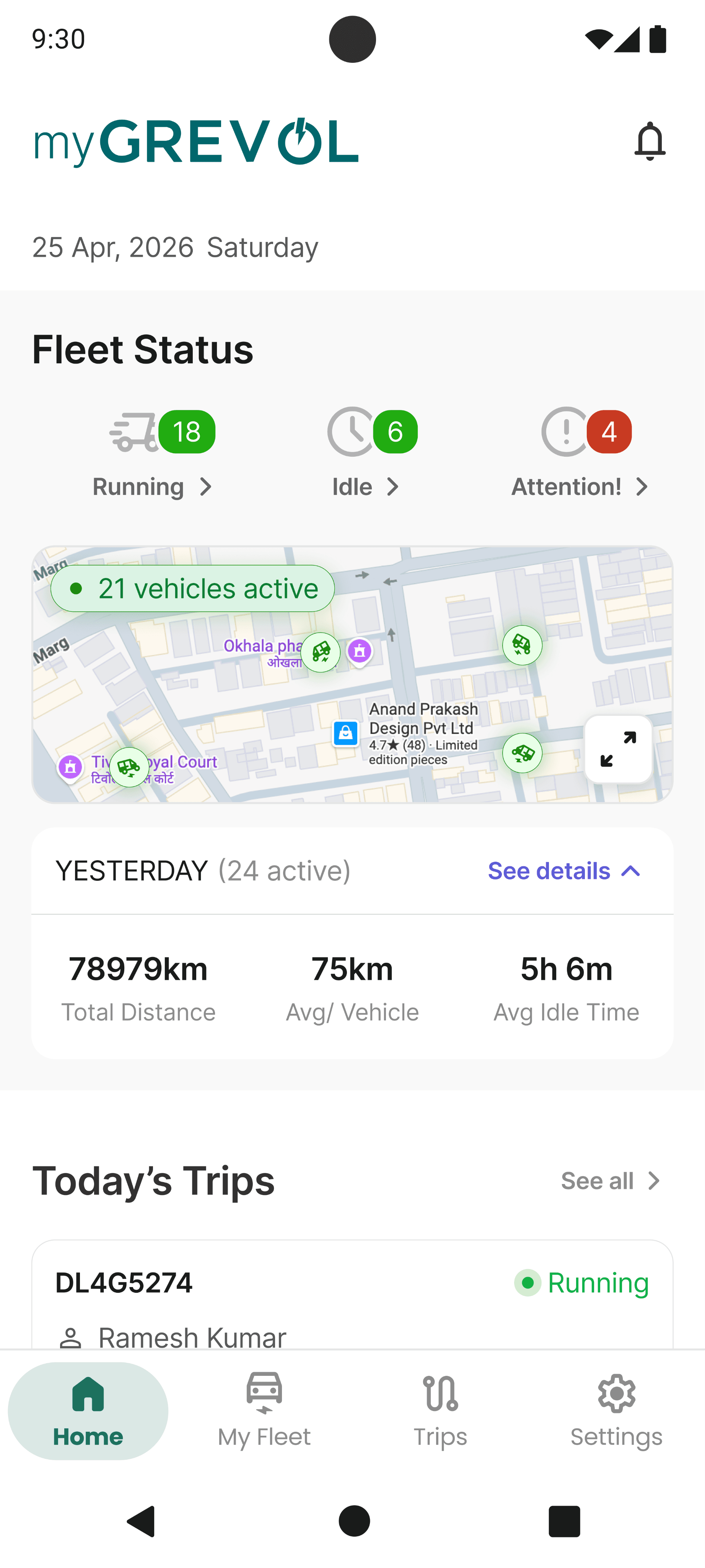 myGREVOL fleet status app screen
