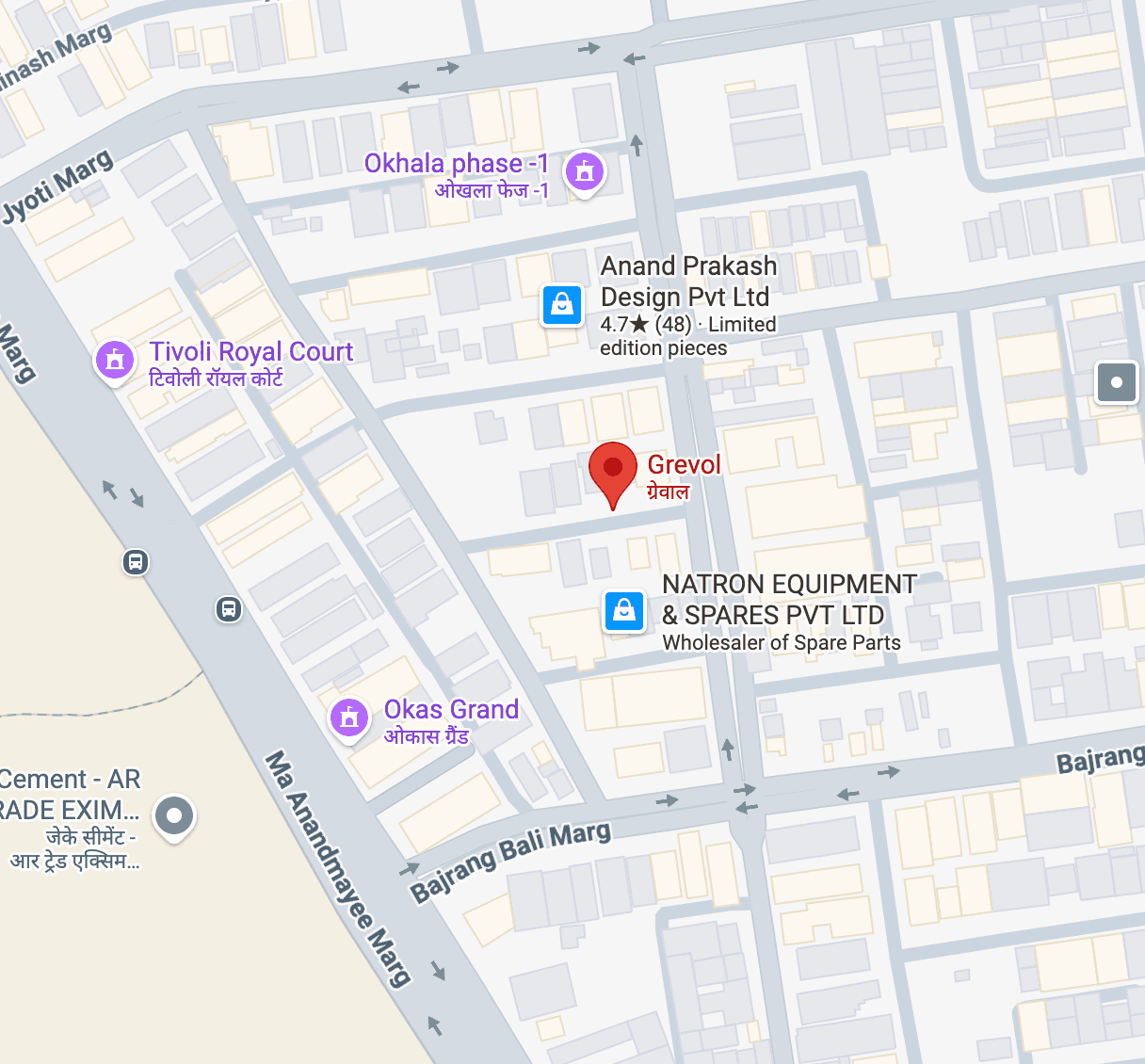 Map showing the GREVOL office in Okhla Industrial Estate, New Delhi